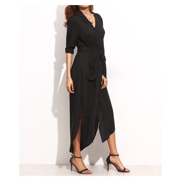 Black Button Down Maxi Shirt Dress Belted - Picture 3 of 7